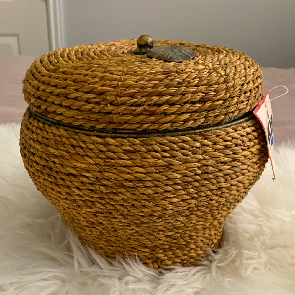 NWT Apple For Teacher Basket Storage Lid Kip International Metal Handle Leaf